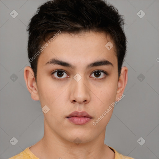 Neutral white young-adult male with short  brown hair and brown eyes
