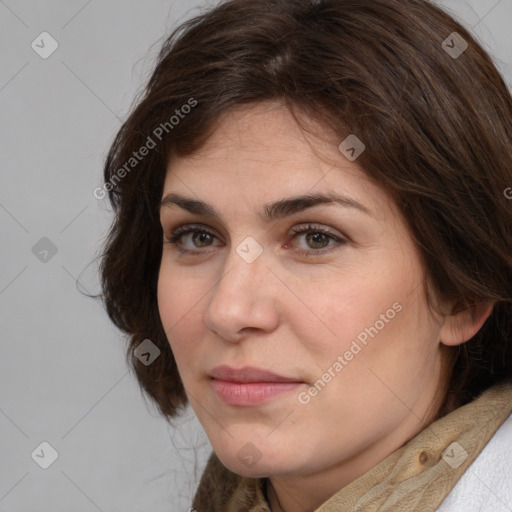 Neutral white adult female with medium  brown hair and brown eyes