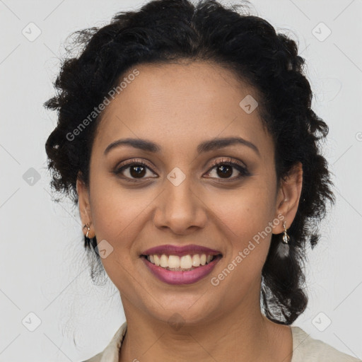 Joyful latino young-adult female with long  brown hair and brown eyes