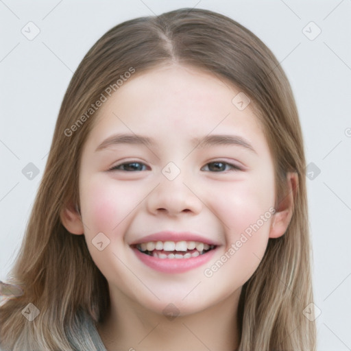 Joyful white child female with long  brown hair and brown eyes