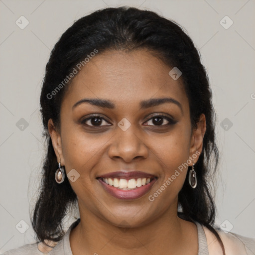 Joyful black young-adult female with medium  black hair and brown eyes