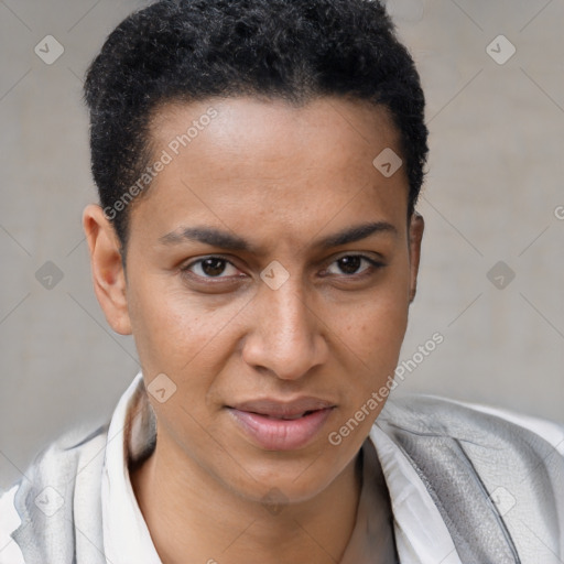 Joyful black young-adult male with short  brown hair and brown eyes