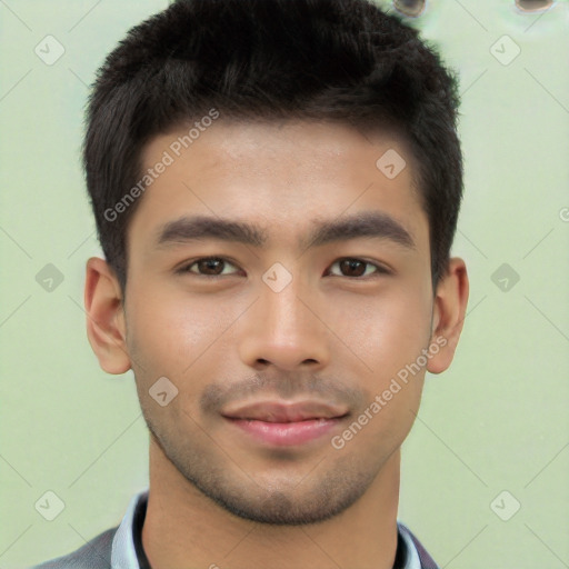 Neutral asian young-adult male with short  brown hair and brown eyes