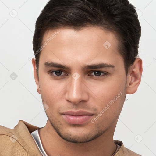 Neutral white young-adult male with short  brown hair and brown eyes