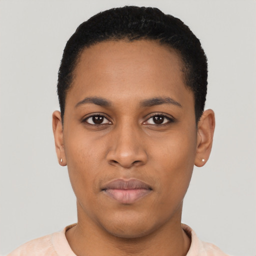 Neutral latino young-adult female with short  black hair and brown eyes