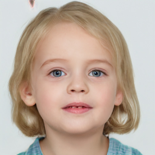 Neutral white child female with medium  brown hair and blue eyes