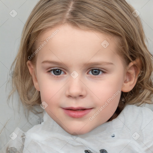 Joyful white child female with medium  brown hair and grey eyes