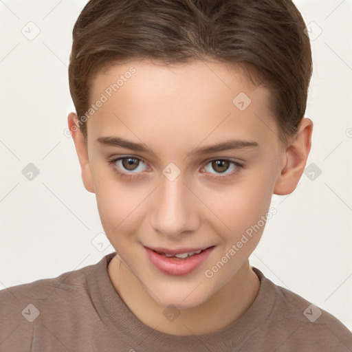 Joyful white child female with short  brown hair and brown eyes