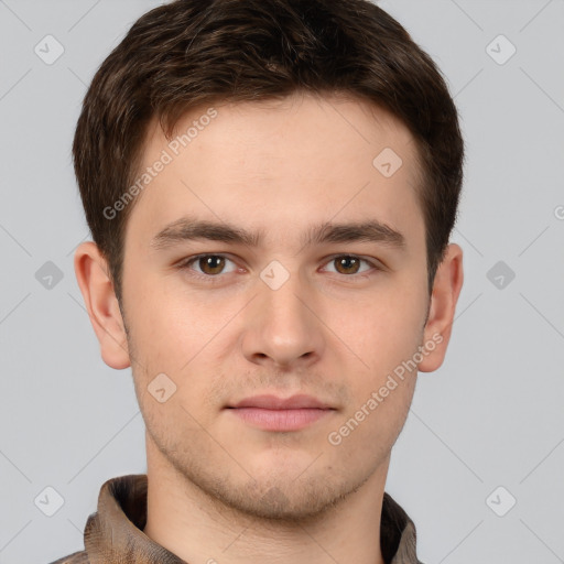 Neutral white young-adult male with short  brown hair and brown eyes