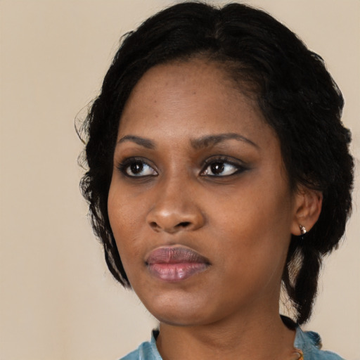 Neutral black young-adult female with medium  black hair and brown eyes