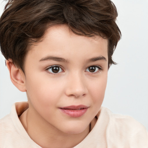 Joyful white child female with short  brown hair and brown eyes