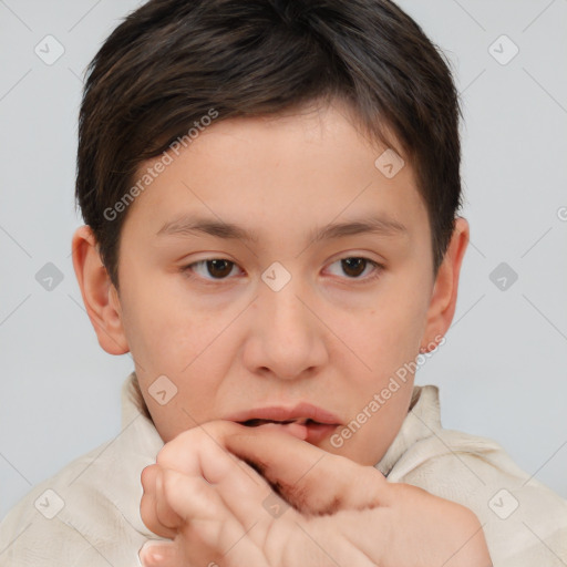 Neutral white young-adult female with short  brown hair and brown eyes