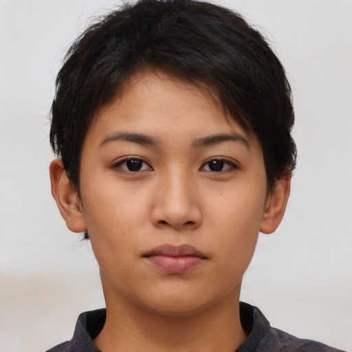 Neutral asian young-adult female with short  brown hair and brown eyes