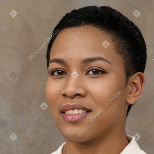 Joyful latino young-adult female with short  black hair and brown eyes