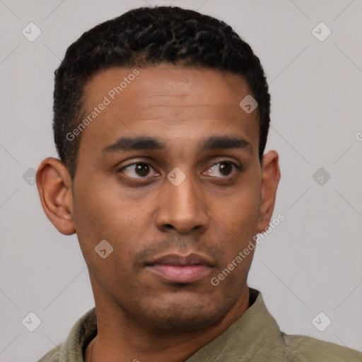 Neutral latino young-adult male with short  black hair and brown eyes