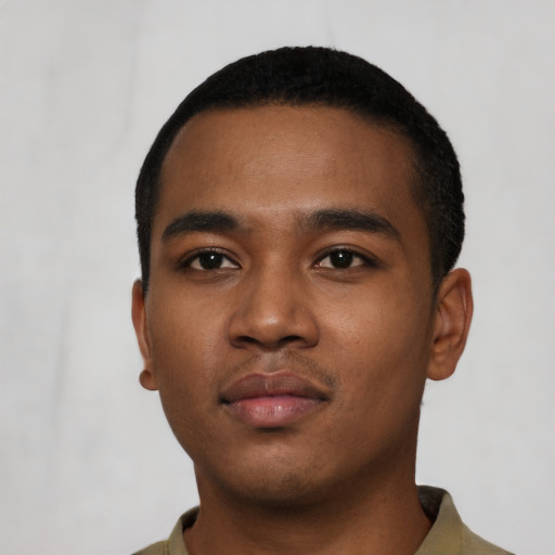 Neutral black young-adult male with short  black hair and brown eyes