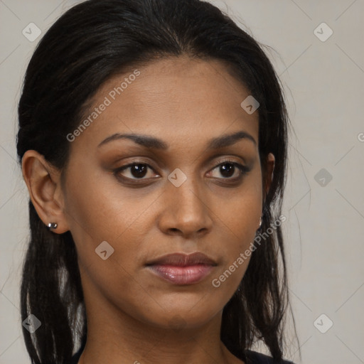 Neutral latino young-adult female with long  brown hair and brown eyes