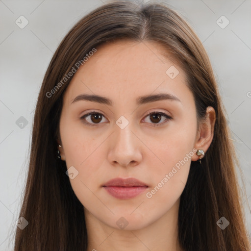 Neutral white young-adult female with long  brown hair and brown eyes