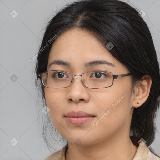 Neutral white young-adult female with medium  brown hair and brown eyes