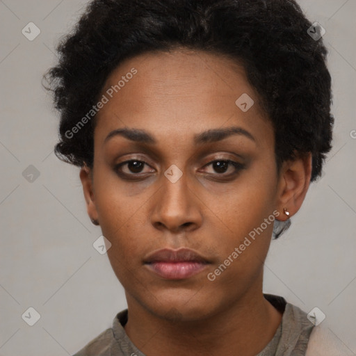 Neutral black young-adult female with short  black hair and brown eyes