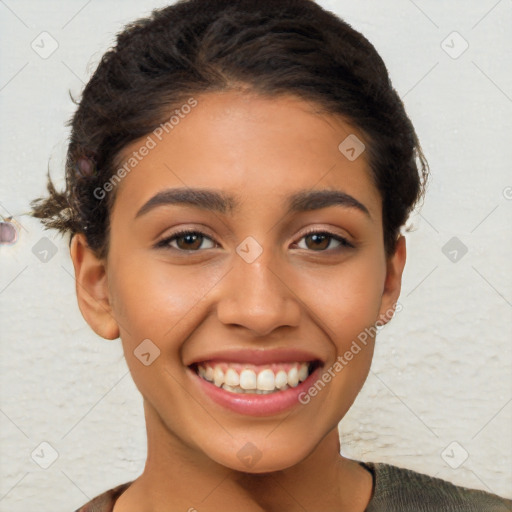 Joyful latino young-adult female with short  brown hair and brown eyes