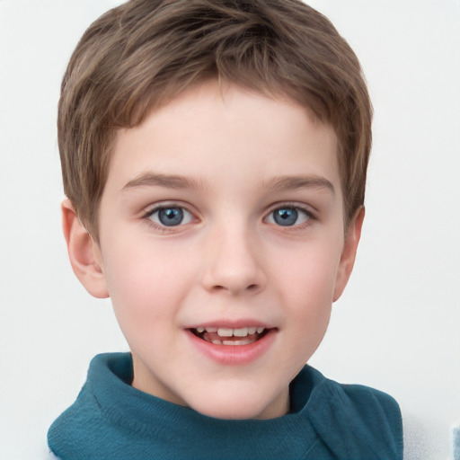 Joyful white child male with short  brown hair and grey eyes