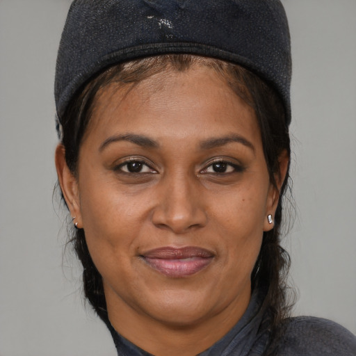 Joyful black adult female with medium  brown hair and brown eyes