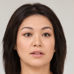 Neutral asian young-adult female with long  brown hair and brown eyes