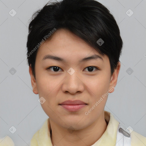 Joyful asian young-adult female with short  brown hair and brown eyes