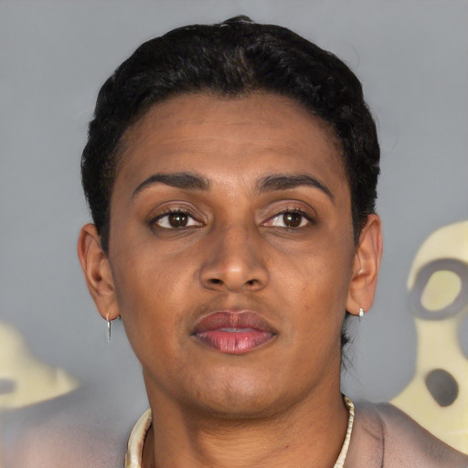 Neutral black young-adult female with short  black hair and brown eyes