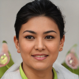 Joyful asian young-adult female with short  brown hair and brown eyes