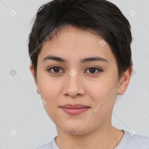 Joyful asian young-adult female with short  brown hair and brown eyes