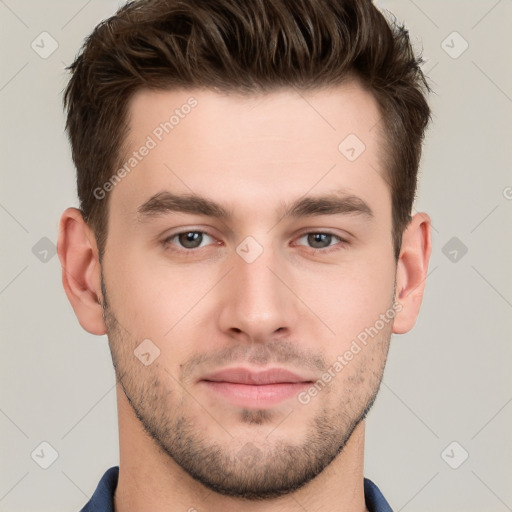 Neutral white young-adult male with short  brown hair and grey eyes