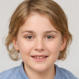 Joyful white child female with medium  brown hair and blue eyes