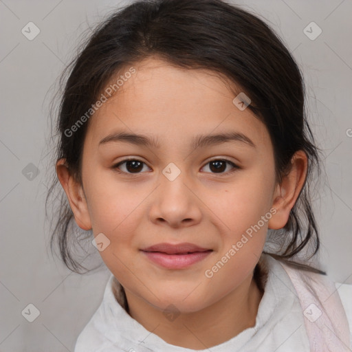 Joyful white child female with medium  brown hair and brown eyes