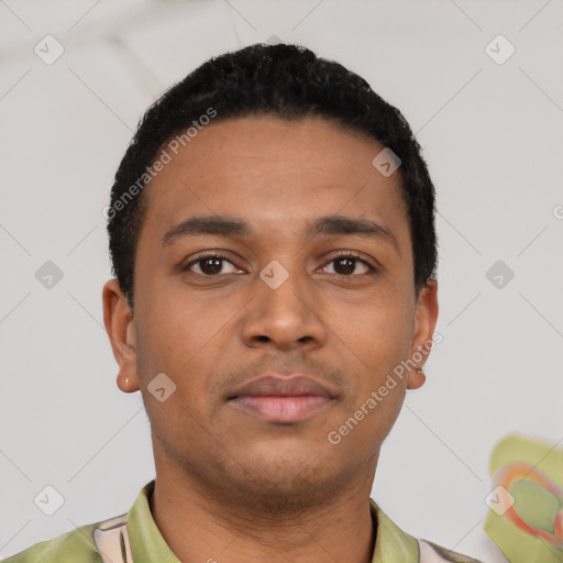 Neutral latino young-adult male with short  black hair and brown eyes