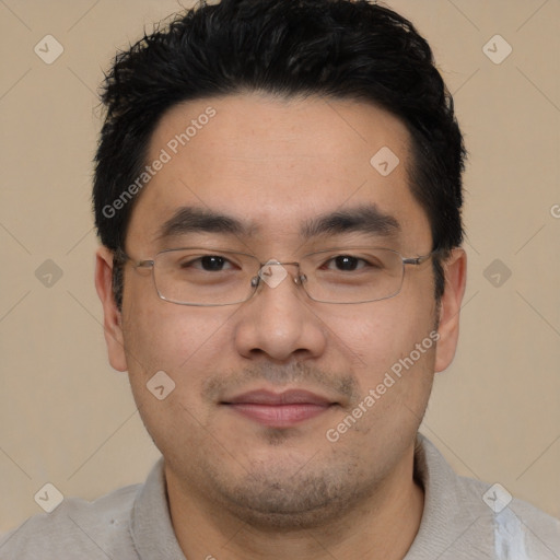 Joyful white young-adult male with short  black hair and brown eyes