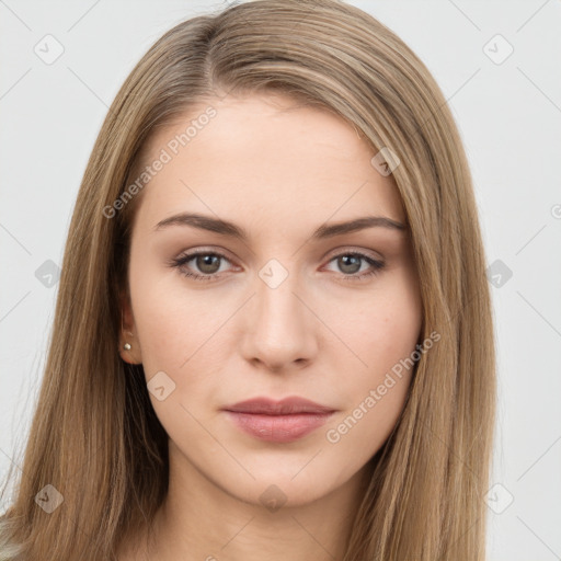 Neutral white young-adult female with long  brown hair and brown eyes