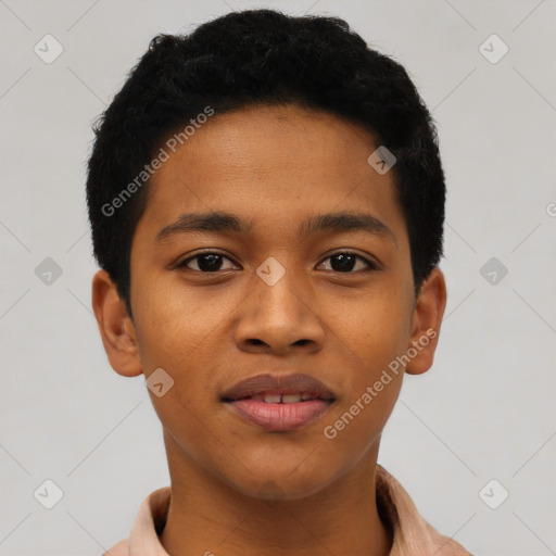 Joyful latino young-adult male with short  brown hair and brown eyes