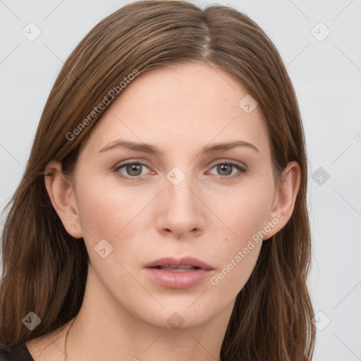 Neutral white young-adult female with long  brown hair and grey eyes