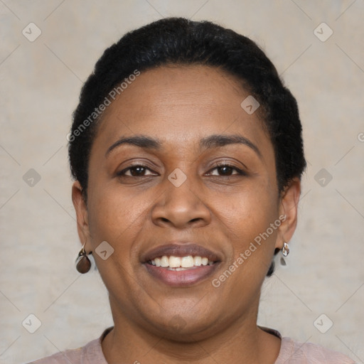 Joyful latino young-adult female with short  black hair and brown eyes