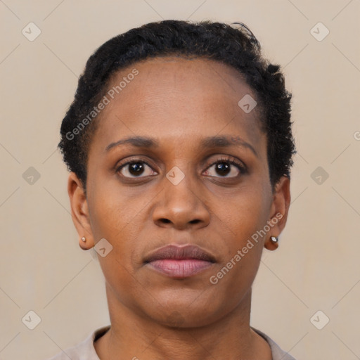 Neutral black young-adult female with short  brown hair and brown eyes