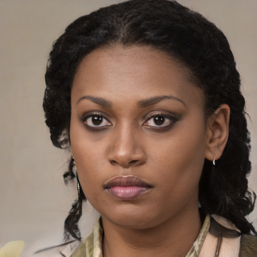 Neutral black young-adult female with medium  black hair and brown eyes