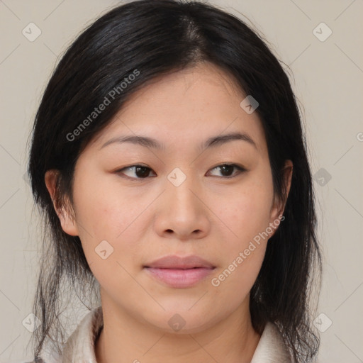 Neutral asian young-adult female with medium  brown hair and brown eyes