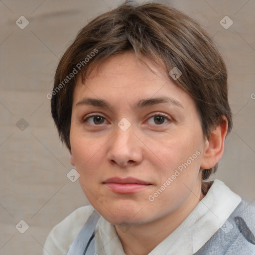 Neutral white young-adult female with short  brown hair and brown eyes