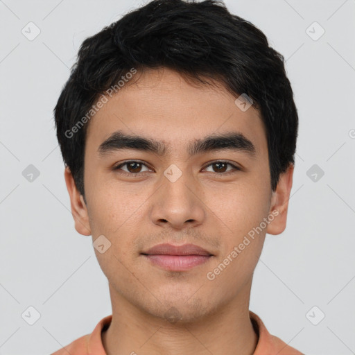 Neutral asian young-adult male with short  black hair and brown eyes