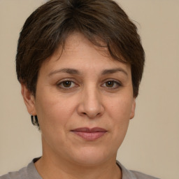 Joyful white adult female with short  brown hair and brown eyes