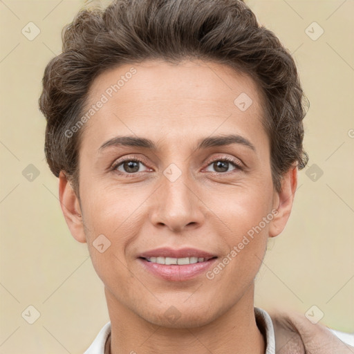 Joyful white young-adult female with short  brown hair and brown eyes