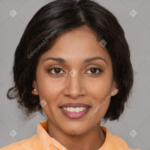 Joyful white young-adult female with medium  brown hair and brown eyes