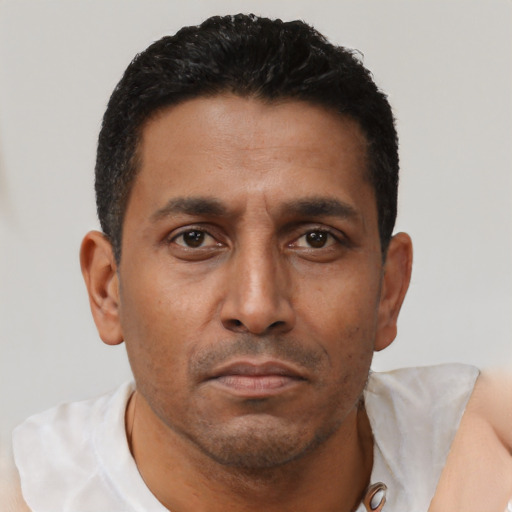 Neutral latino adult male with short  black hair and brown eyes